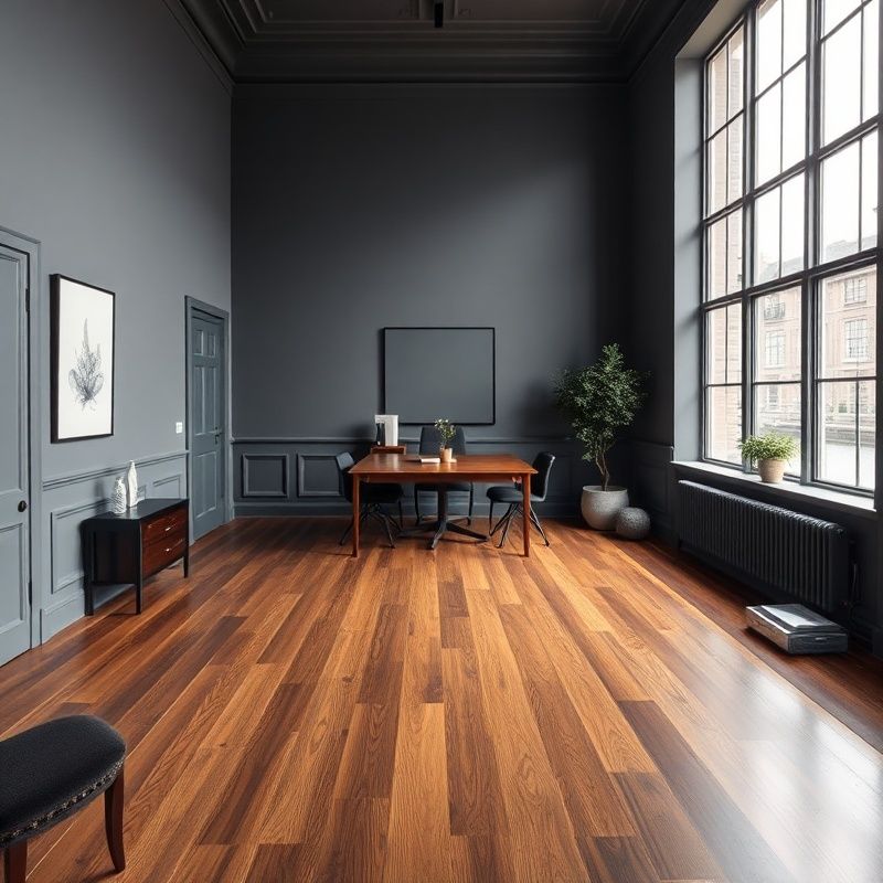 Interieur van een klassiek Amsterdams grachtenpandkantoor met leigrijze wanden en zacht Delfts licht
