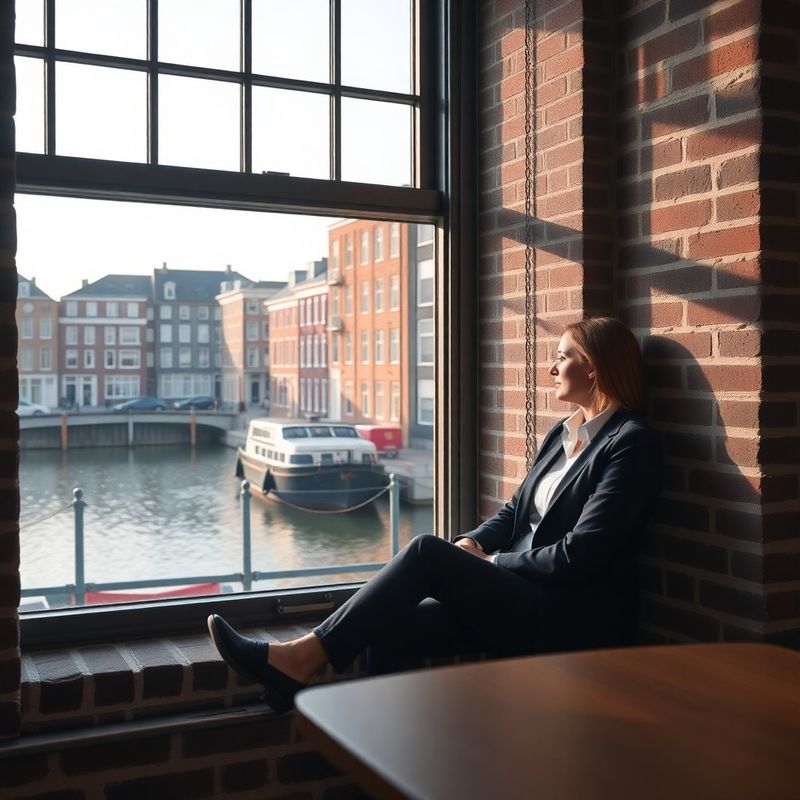 Adviseur aan het raam met uitzicht op een Amsterdamse gracht