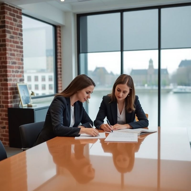 Twee professionals bespreken documenten in een modern Amsterdams kantoor