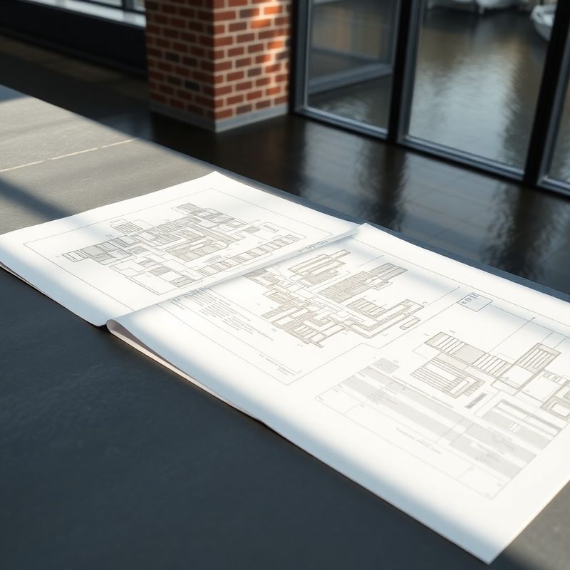 Gelaagde architectonische plattegronden en juridische documenten op leigrijs oppervlak